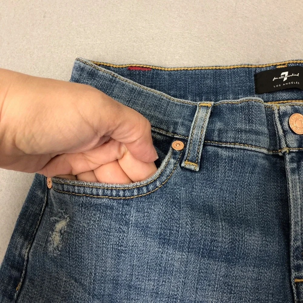 7 For All Mankind Mid Roll Short Womens 26 2 Blue Denim Distressed Festival